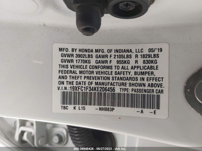 2019 HONDA CIVIC SEDAN EX - 19XFC1F34KE206456