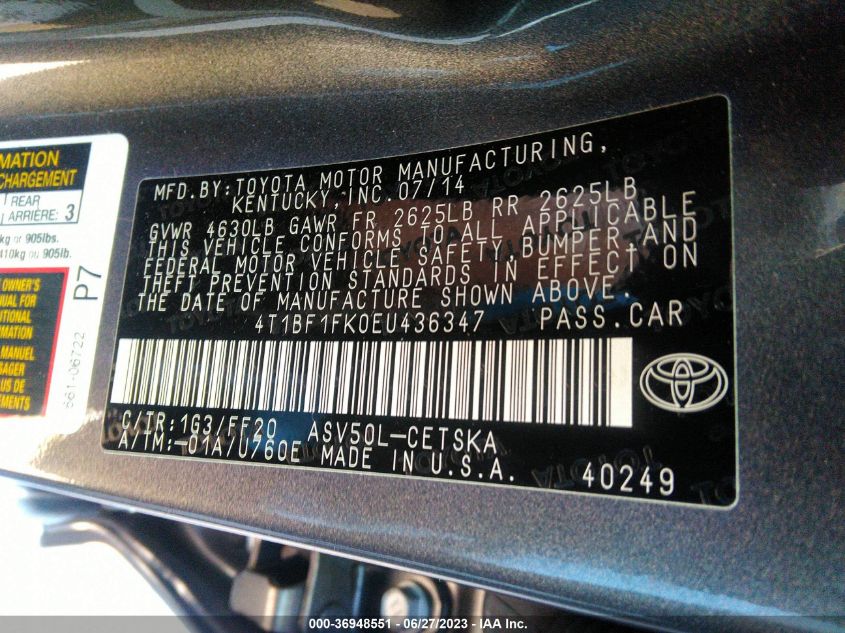 2014 TOYOTA CAMRY L/LE/XLE/SE/SE SPORT - 4T1BF1FK0EU436347
