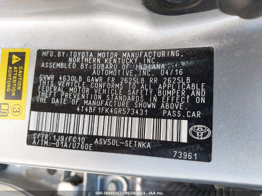 2016 TOYOTA CAMRY XLE/SE/LE/XSE - 4T4BF1FK4GR573431