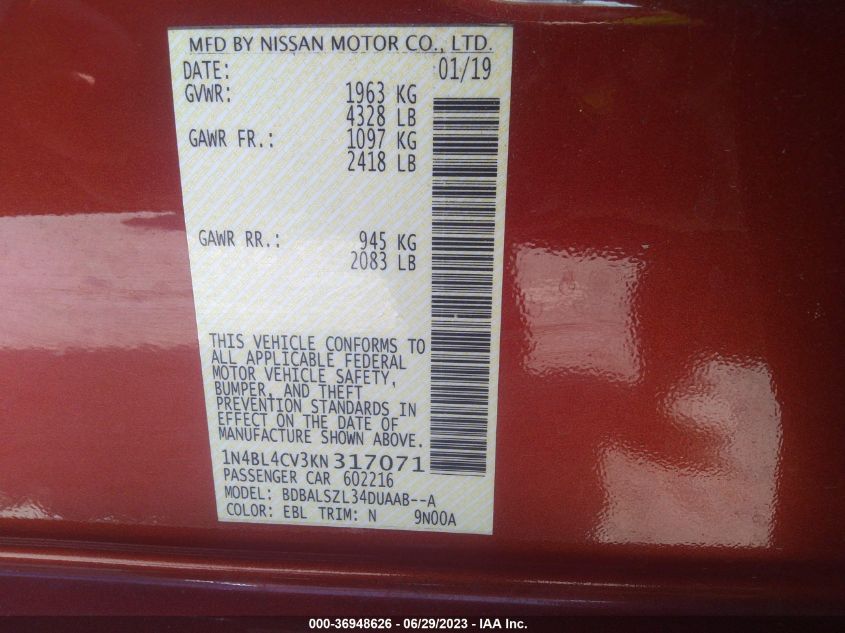 2019 NISSAN ALTIMA 2.5 SR - 1N4BL4CV3KN317071