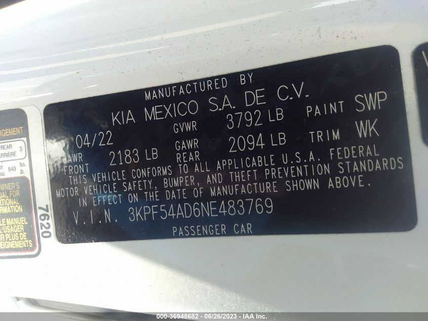 2022 KIA FORTE GT-LINE - 3KPF54AD6NE483769