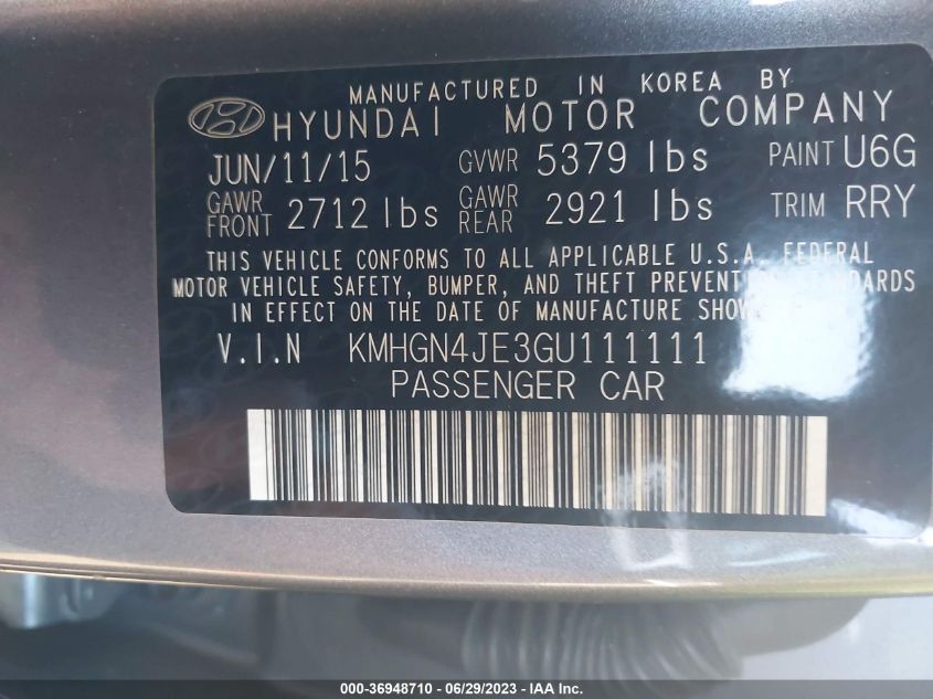 2016 HYUNDAI GENESIS 3.8L - KMHGN4JE3GU111111