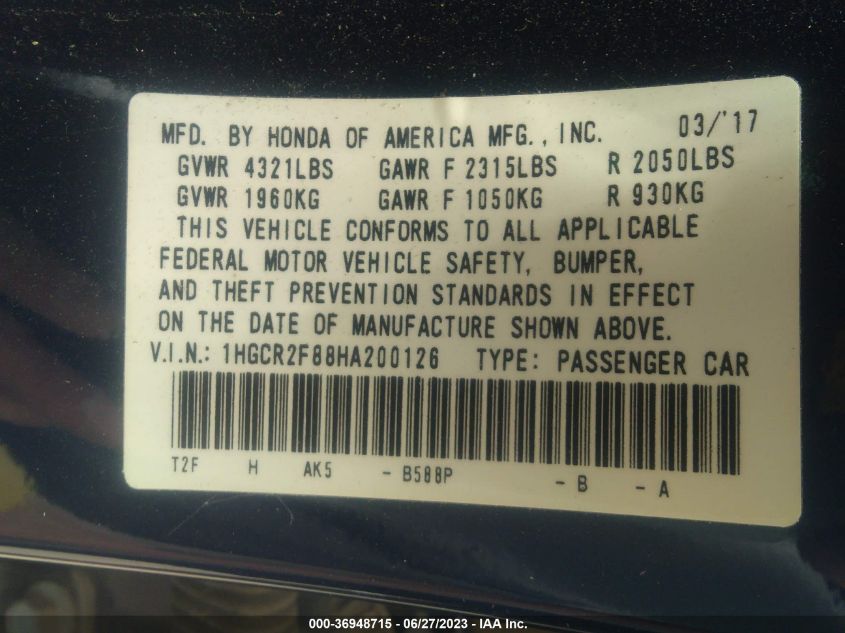2017 HONDA ACCORD SEDAN EX-L - 1HGCR2F88HA200126