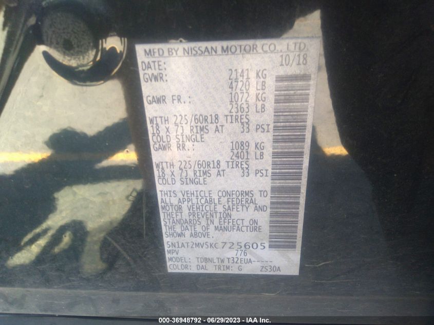 2019 NISSAN ROGUE SV - 5N1AT2MV5KC725605