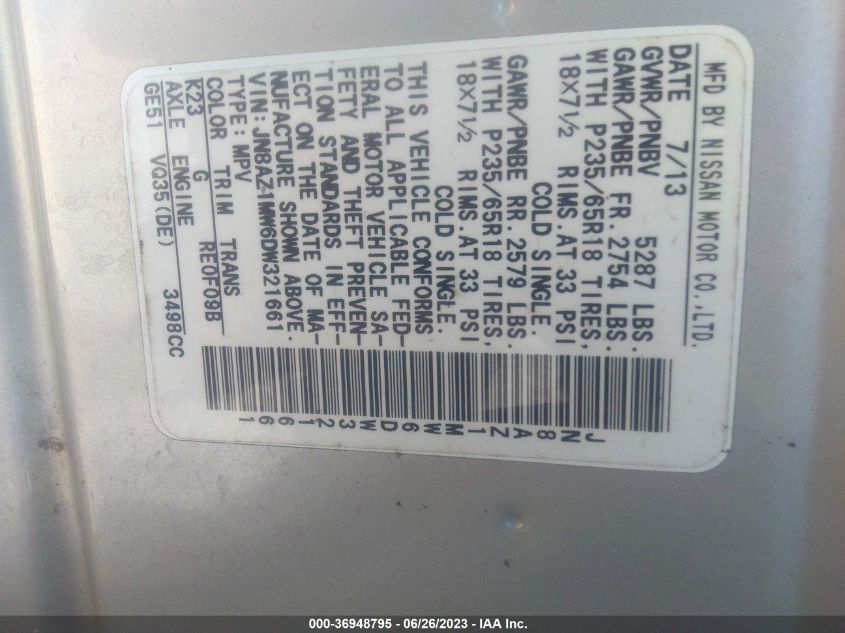 2013 NISSAN MURANO SL - JN8AZ1MW6DW321661