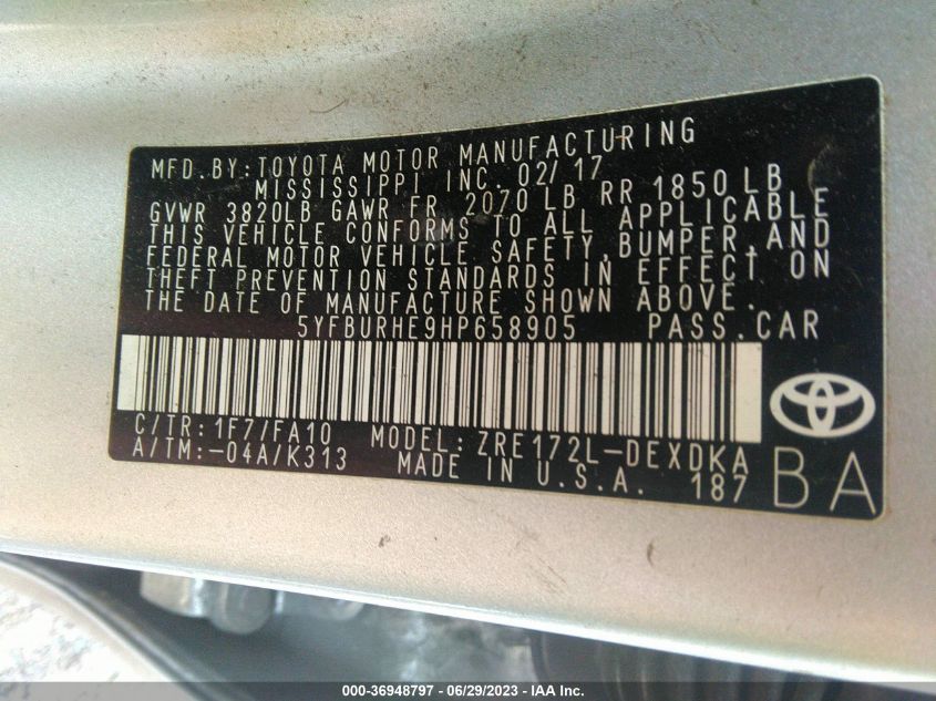 2017 TOYOTA COROLLA L/LE/XLE/SE - 5YFBURHE9HP658905
