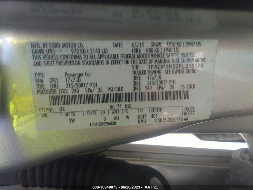 2015 FORD FOCUS SE - 1FADP3K22FL315179