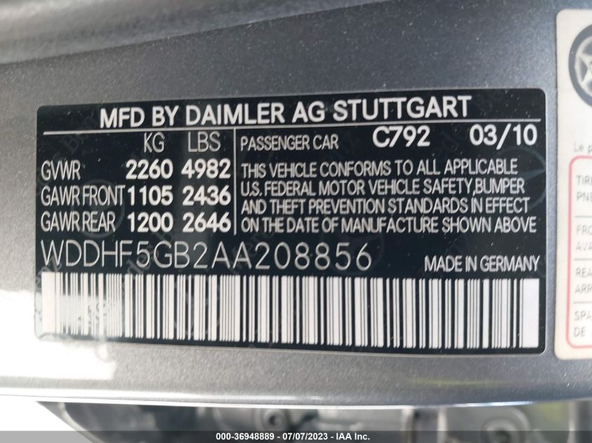 WDDHF5GB2AA208856 2010 MERCEDES-BENZ E-CLASS, photo no. 9