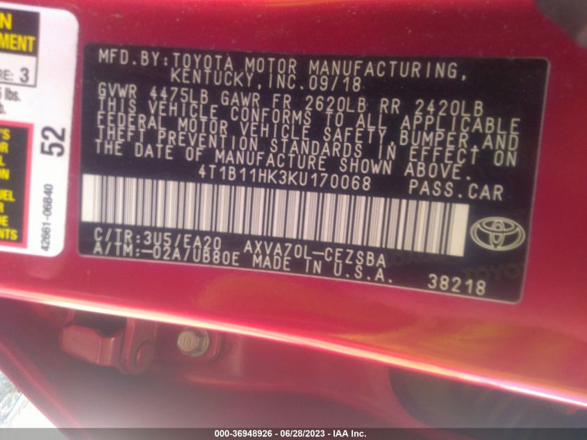 2019 TOYOTA CAMRY LE/SE/XLE/L - 4T1B11HK3KU170068