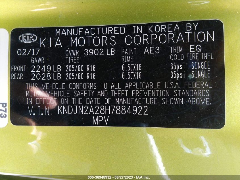 2017 KIA SOUL BASE - KNDJN2A28H7884922
