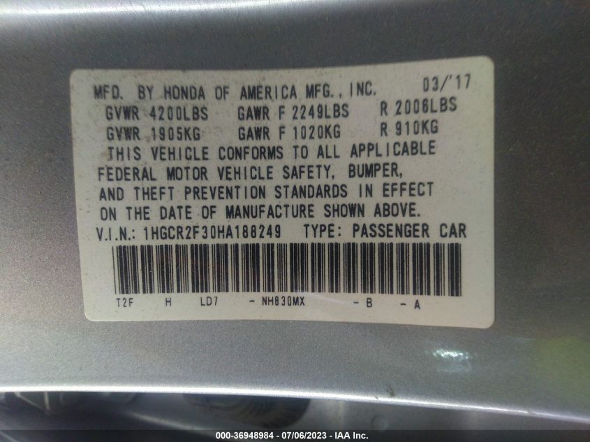 2017 HONDA ACCORD SEDAN LX - 1HGCR2F30HA188249