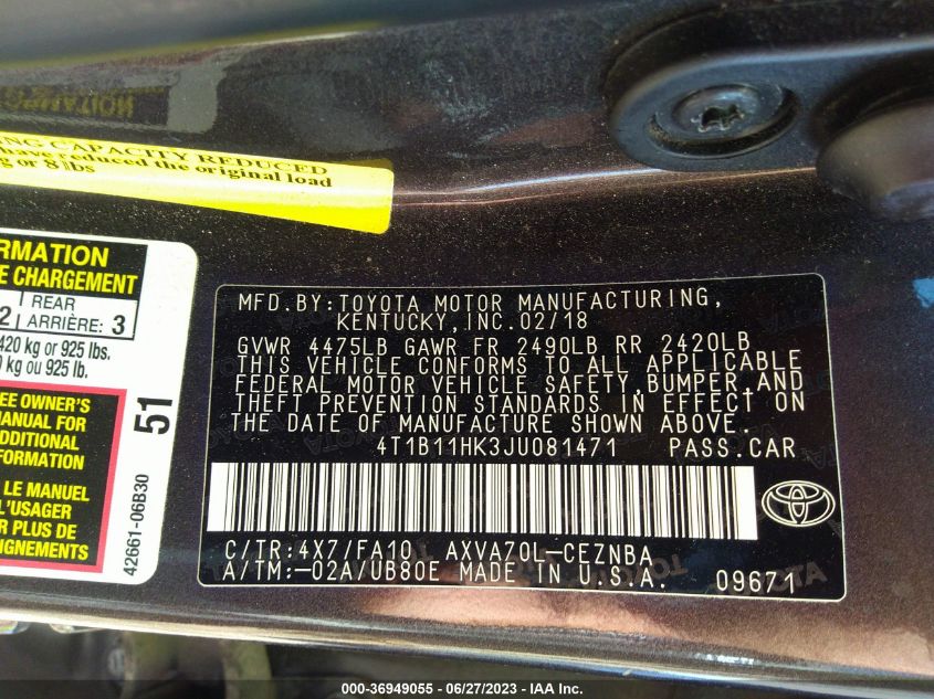 2018 TOYOTA CAMRY L/LE/XLE/SE/XSE - 4T1B11HK3JU081471