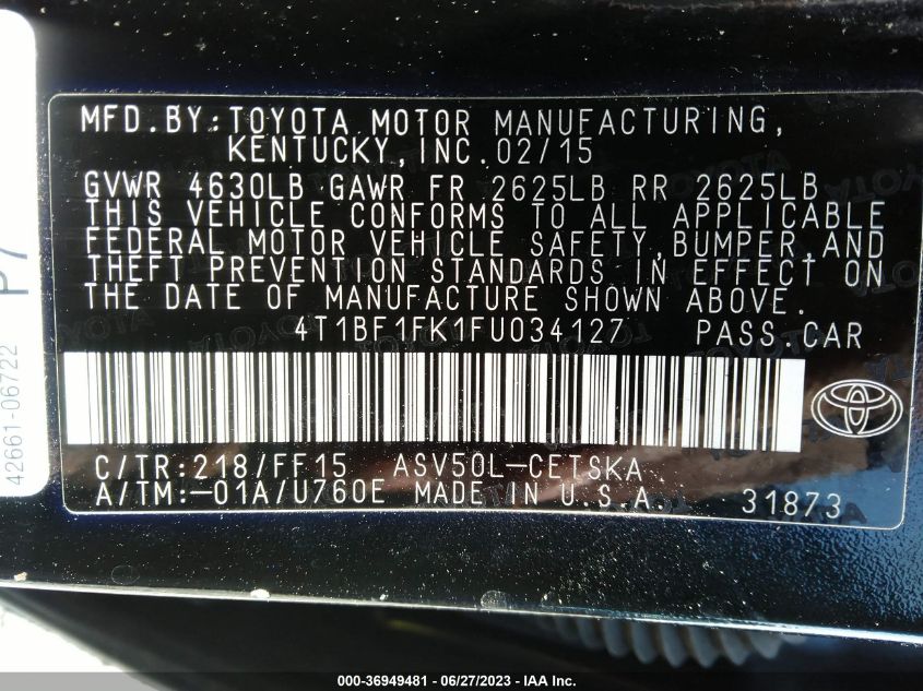 2015 TOYOTA CAMRY XLE/SE/LE/XSE - 4T1BF1FK1FU034127