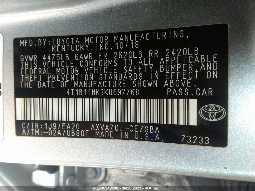 2019 TOYOTA CAMRY LE/SE/XLE/L - 4T1B11HK3KU697768