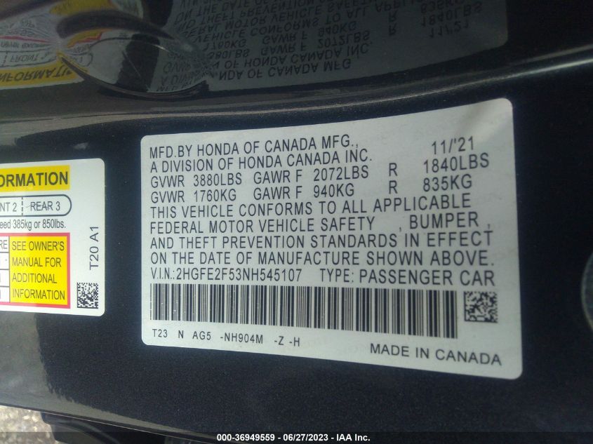 2022 HONDA CIVIC SEDAN SPORT - 2HGFE2F53NH545107