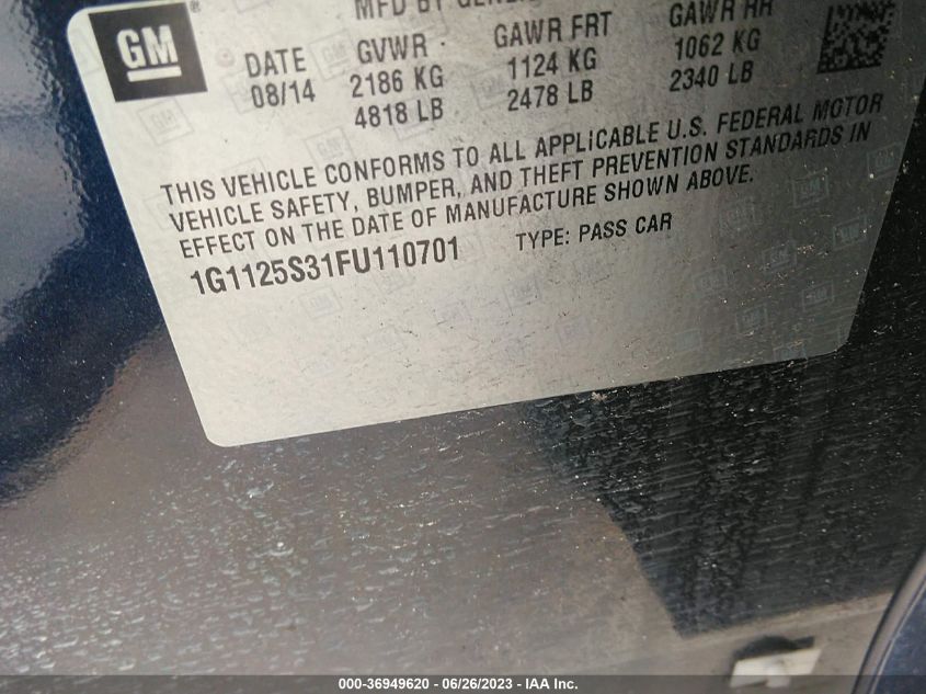2015 CHEVROLET IMPALA LT - 1G1125S31FU110701
