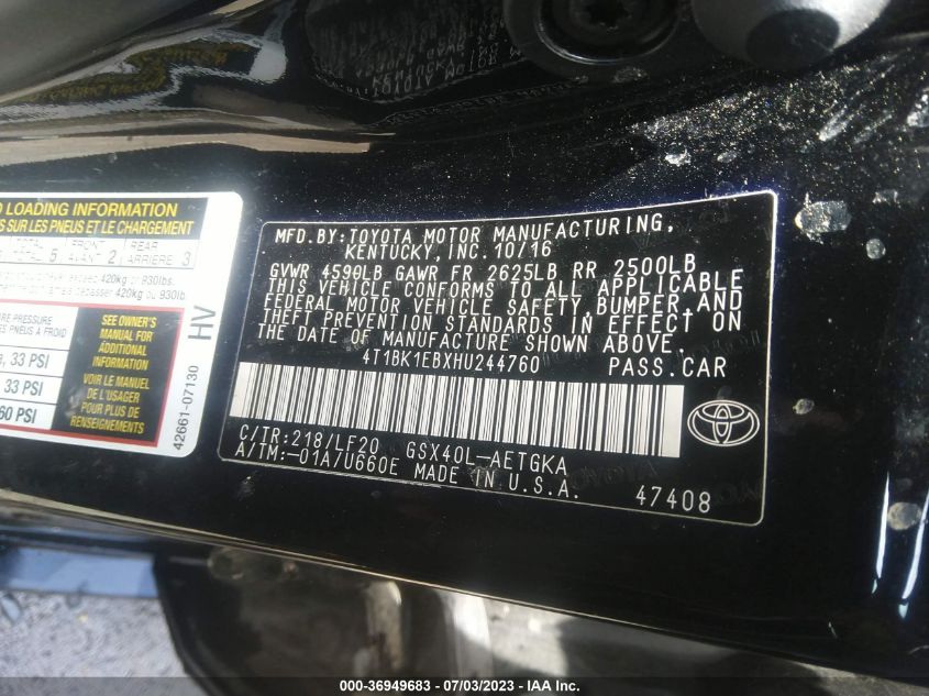 2017 TOYOTA AVALON XLE/XLE PLUS - 4T1BK1EBXHU244760