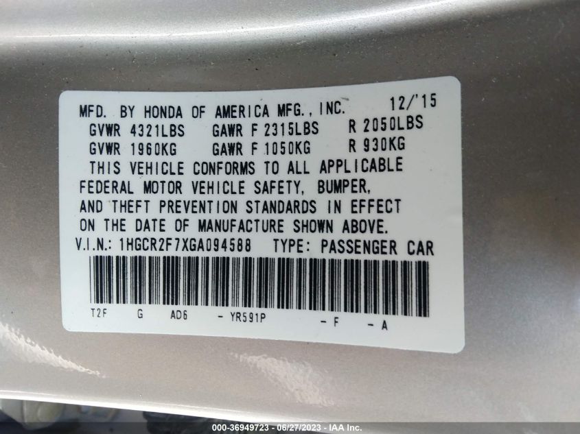 2016 HONDA ACCORD SEDAN EX - 1HGCR2F7XGA094588