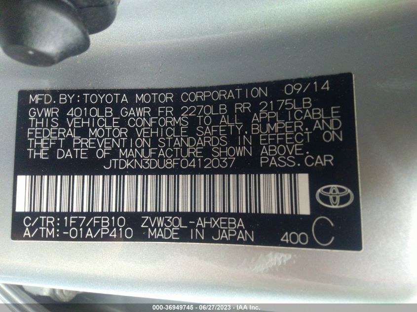 2015 TOYOTA PRIUS - JTDKN3DU8F0412037
