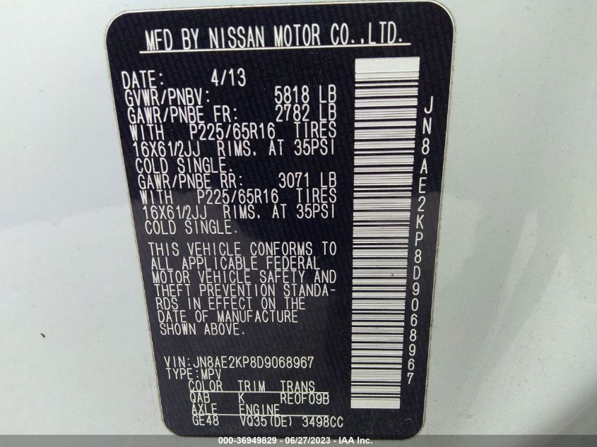 2013 NISSAN QUEST S - JN8AE2KP8D9068967