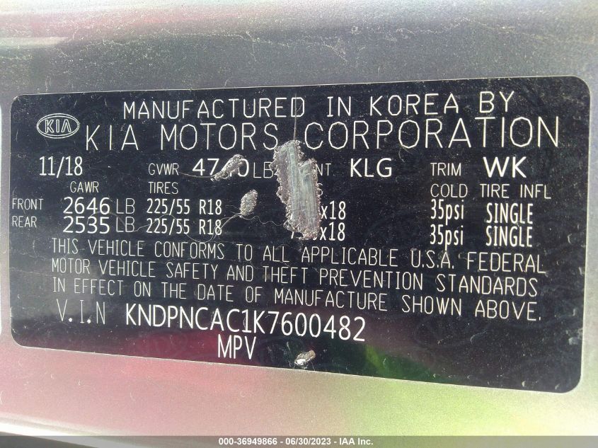 2019 KIA SPORTAGE EX - KNDPNCAC1K7600482