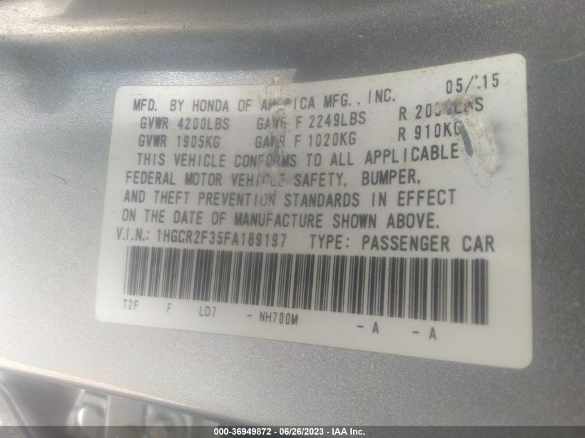 2015 HONDA ACCORD SEDAN LX - 1HGCR2F35FA189197