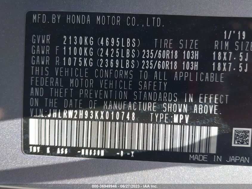 2019 HONDA CR-V TOURING - JHLRW2H93KX010748
