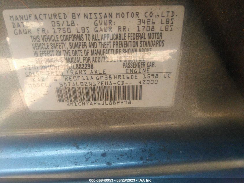 2018 NISSAN VERSA SEDAN SV - 3N1CN7AP6JL882298