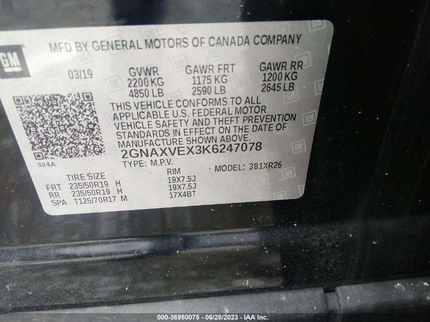 2019 CHEVROLET EQUINOX LT - 2GNAXVEX3K6247078