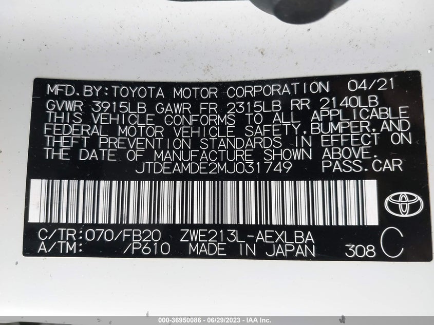 VIN JTDEAMDE2MJ031749 2021 TOYOTA COROLLA HYBRID LE