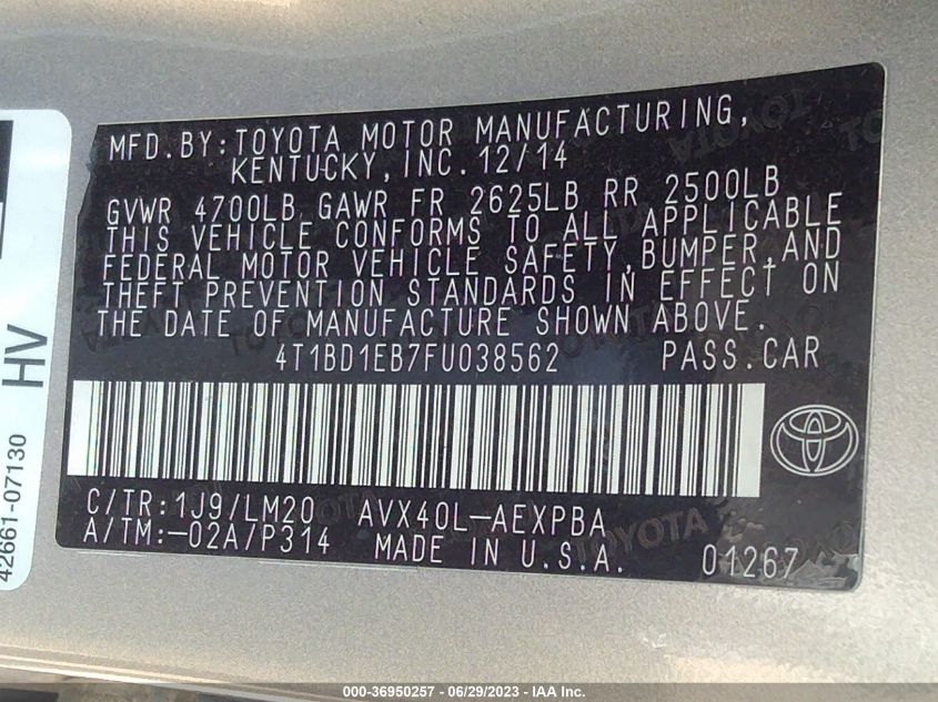 2015 TOYOTA AVALON HYBRID XLE TOURING/LIMITED 4T1BD1EB7FU038562