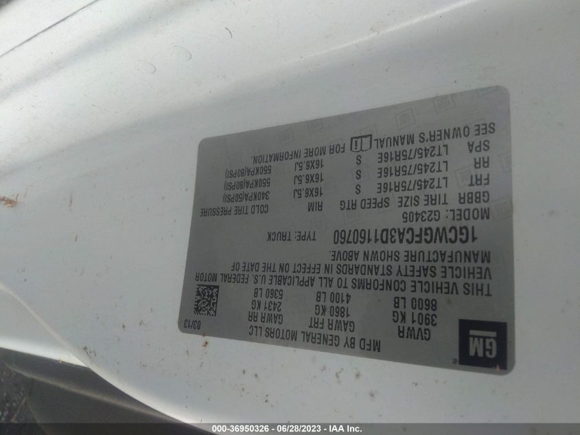 2013 CHEVROLET EXPRESS CARGO VAN - 1GCWGFCA3D1160760