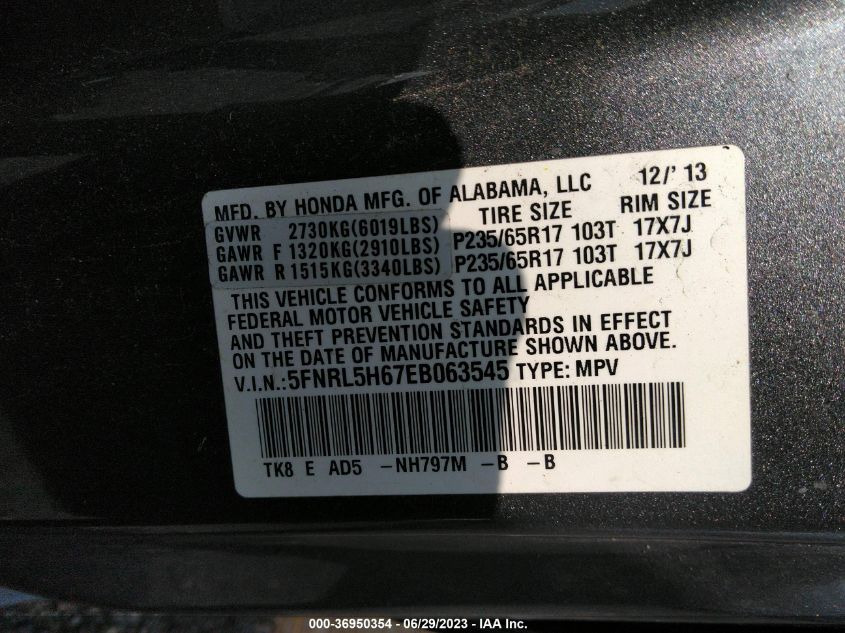 2014 HONDA ODYSSEY EX-L - 5FNRL5H67EB063545