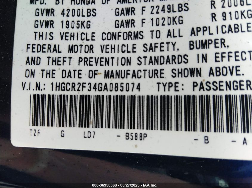 2016 HONDA ACCORD SEDAN LX - 1HGCR2F34GA085074