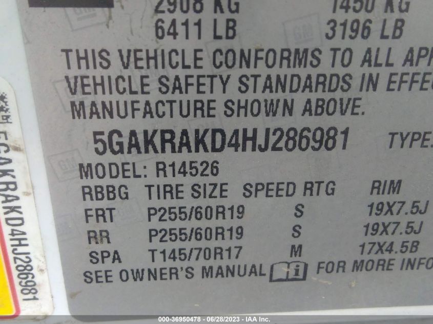 2017 BUICK ENCLAVE CONVENIENCE - 5GAKRAKD4HJ286981