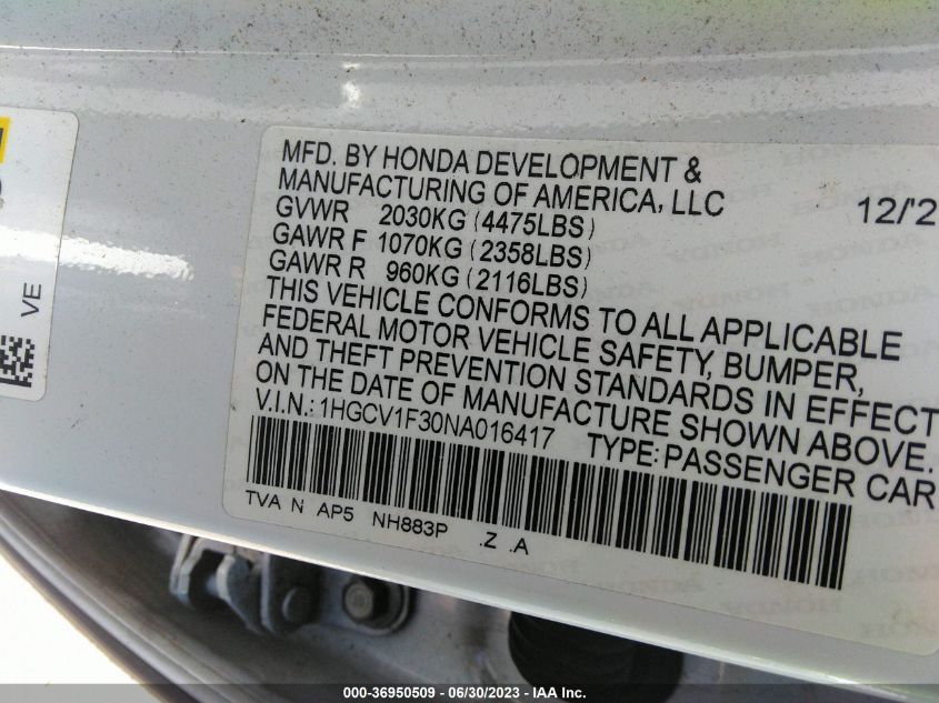 2022 HONDA ACCORD SEDAN SPORT - 1HGCV1F30NA016417