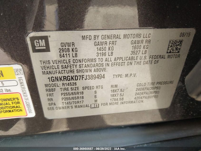 2015 CHEVROLET TRAVERSE LT - 1GNKRGKD7FJ389494