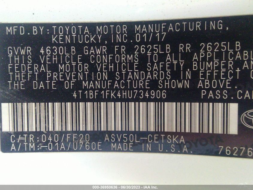 2017 TOYOTA CAMRY XLE/SE/LE/XSE - 4T1BF1FK4HU734906