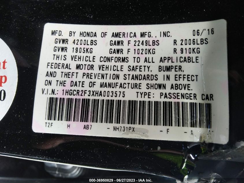 2017 HONDA ACCORD SEDAN LX - 1HGCR2F3XHA003575