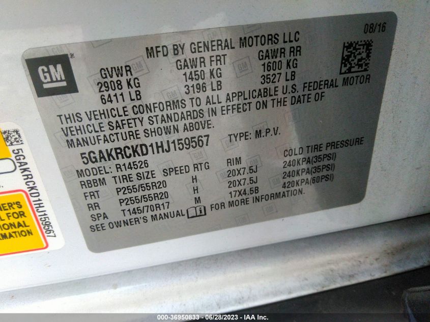 2017 BUICK ENCLAVE PREMIUM - 5GAKRCKD1HJ159567
