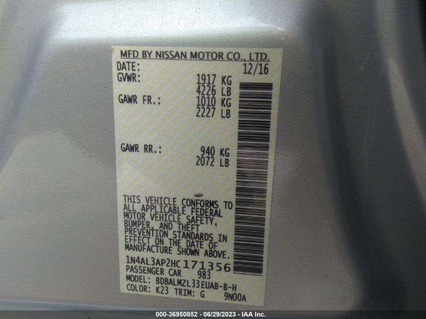 2017 NISSAN ALTIMA 2.5 SV - 1N4AL3AP2HC171356