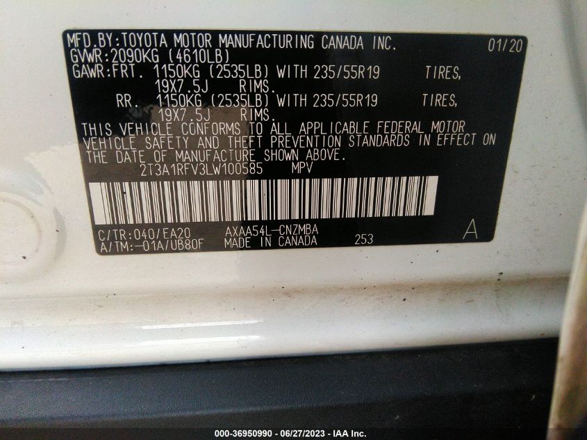 2020 TOYOTA RAV4 XLE PREMIUM - 2T3A1RFV3LW100585
