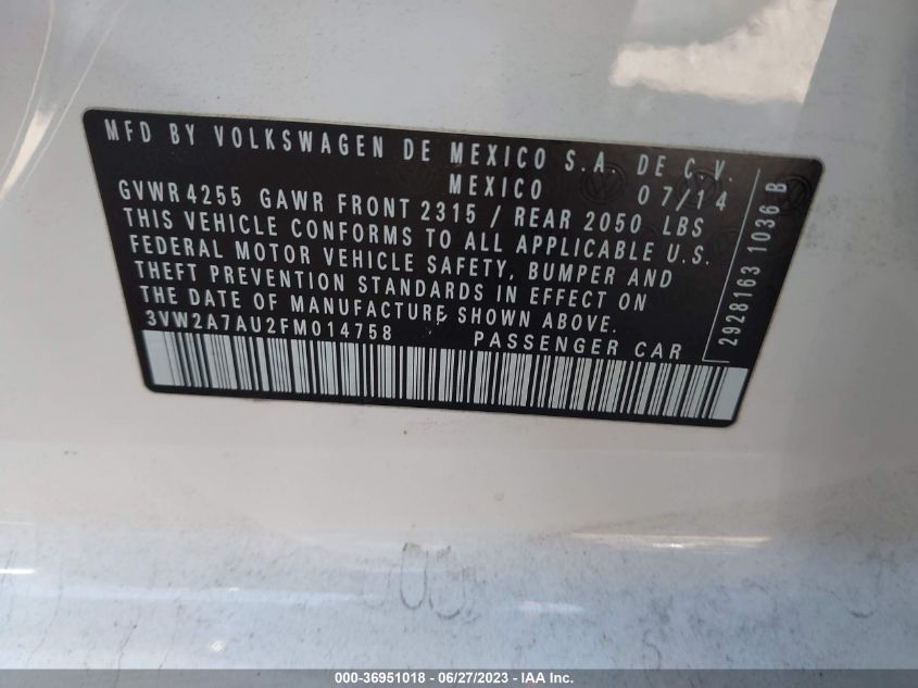 2015 VOLKSWAGEN GOLF TDI SE - 3VW2A7AU2FM014758