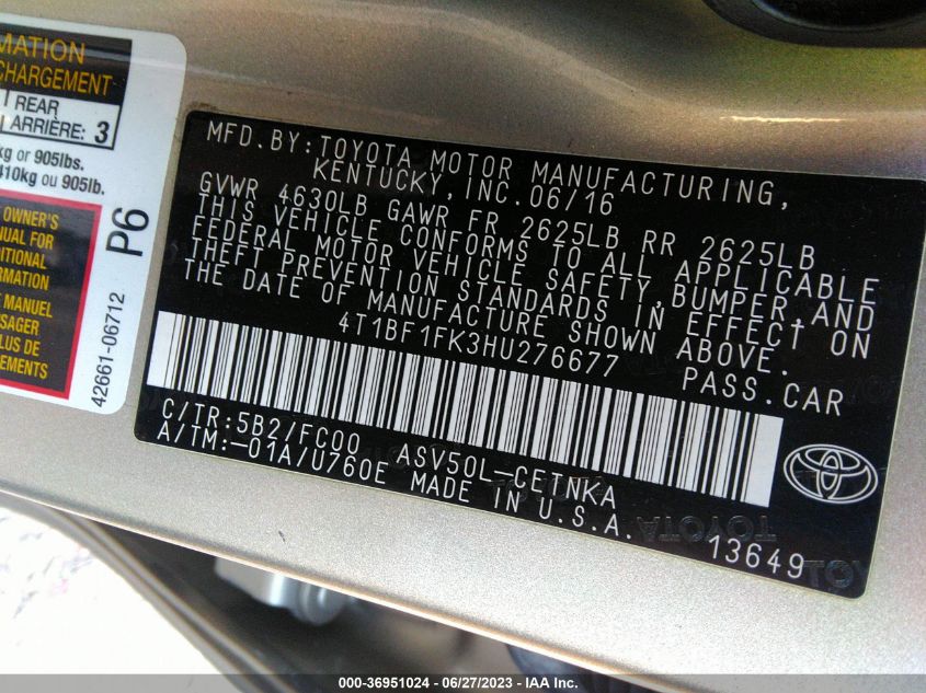 2017 TOYOTA CAMRY XLE/SE/LE/XSE - 4T1BF1FK3HU276677