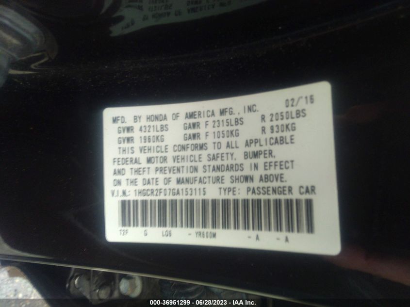 2016 HONDA ACCORD SEDAN EX - 1HGCR2F07GA153115