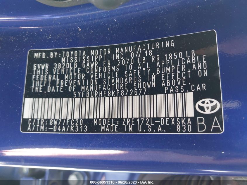 2019 TOYOTA COROLLA L/LE/SE/XLE/XSE - 5YFBURHE8KP872677