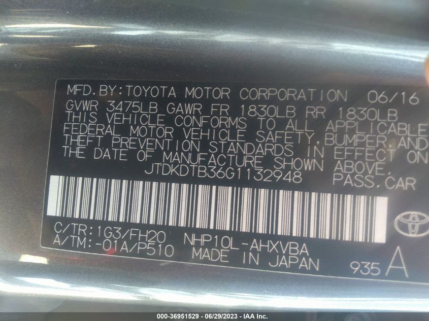 2016 TOYOTA PRIUS C ONE/TWO/THREE/FOUR - JTDKDTB36G1132948