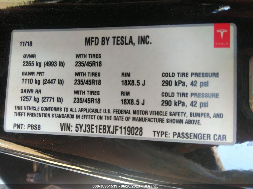2018 TESLA MODEL 3 LONG RANGE - 5YJ3E1EBXJF119028