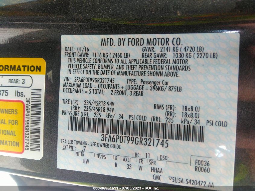 2016 FORD FUSION SE - 3FA6P0T99GR321745