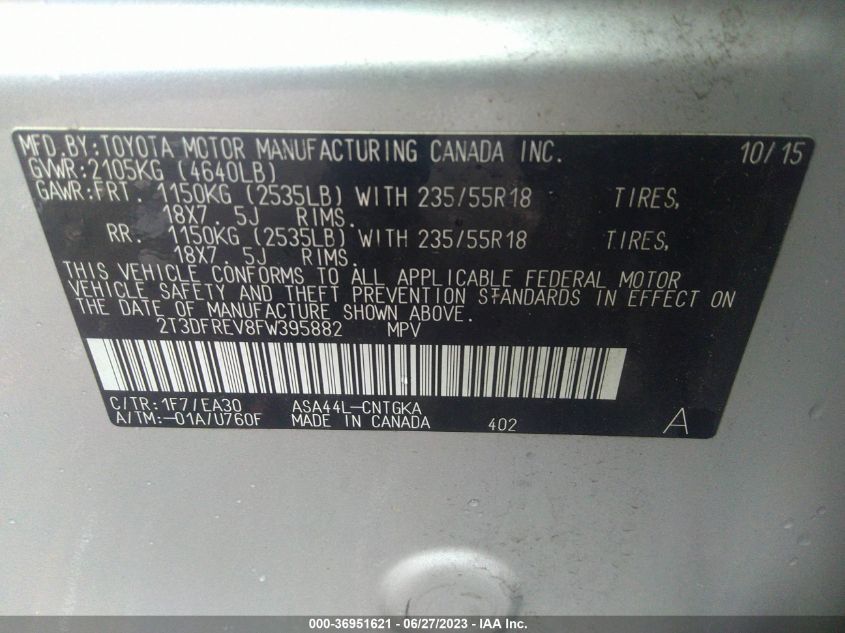2015 TOYOTA RAV4 LIMITED - 2T3DFREV8FW395882